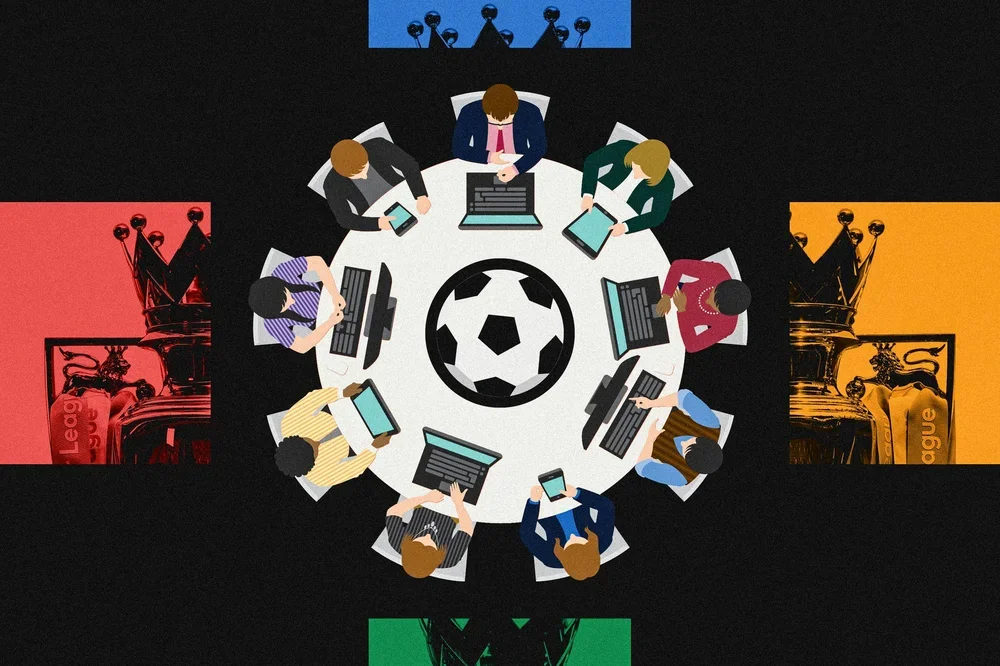 An illustrated image, from a bird's-eye view, showing nine people with laptops sat around a circular table, predicting football results. The Premier League trophy is split in half as part of the image's backdrop